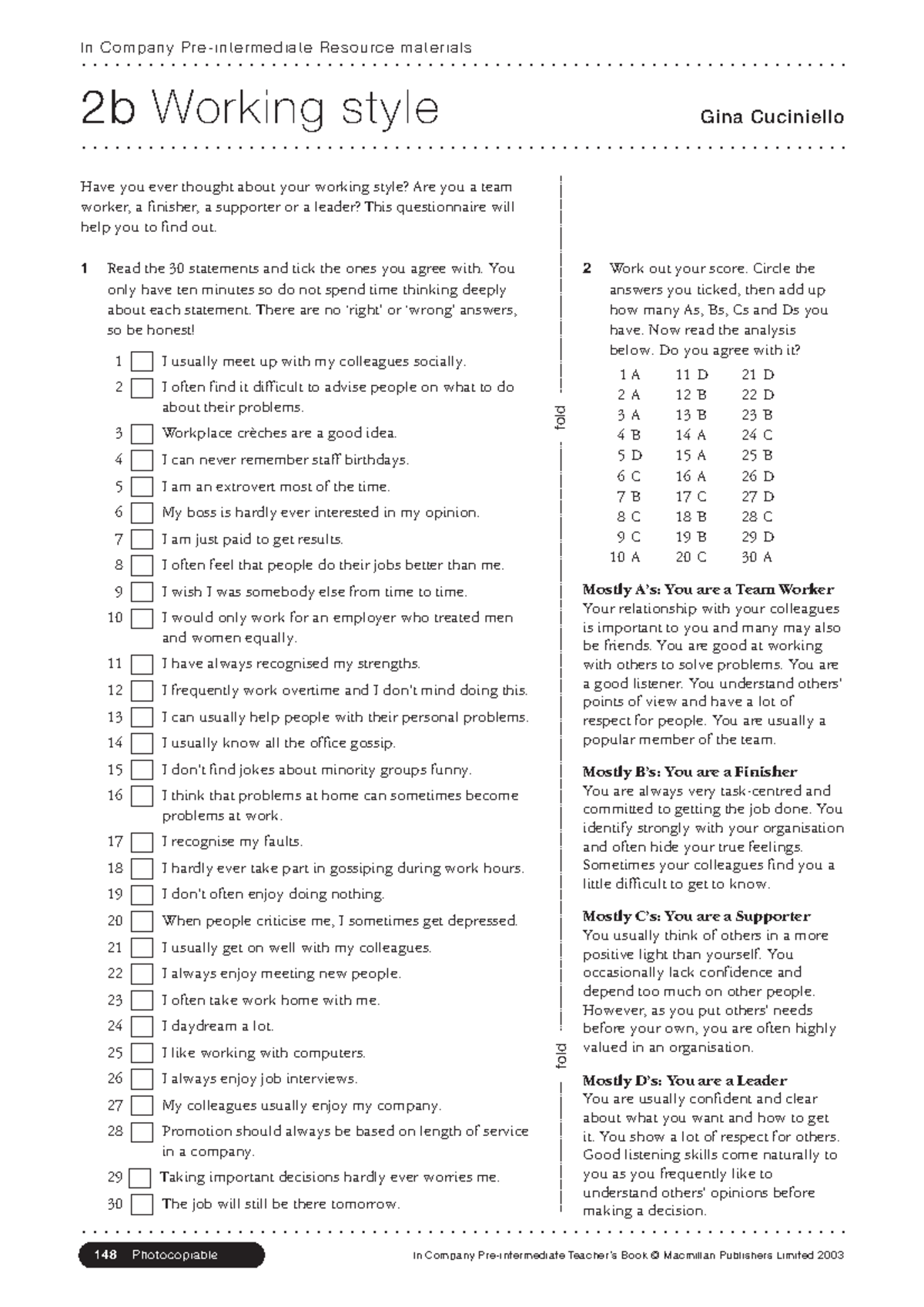 WORK Style - 1 Read the 30 statements and tick the ones you agree with ...