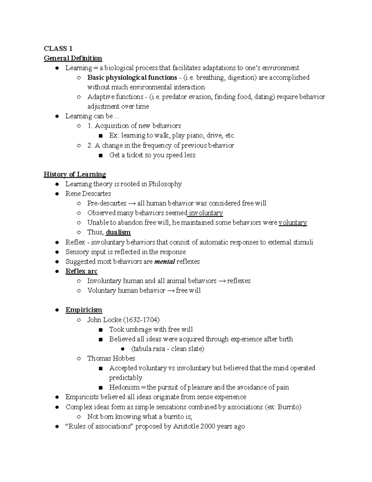 Lecture Notes 1-3 - CLASS 1 General Definition Learning = a biological ...