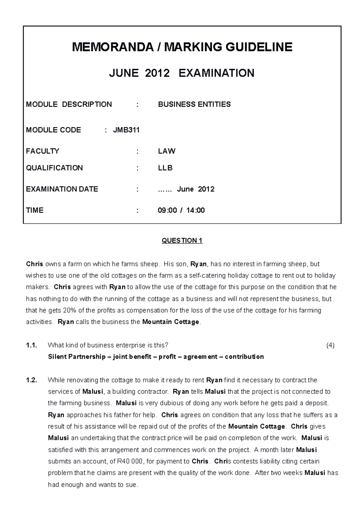 JJE311 test 2 memo 1 test questions and memorandum MEMORANDA