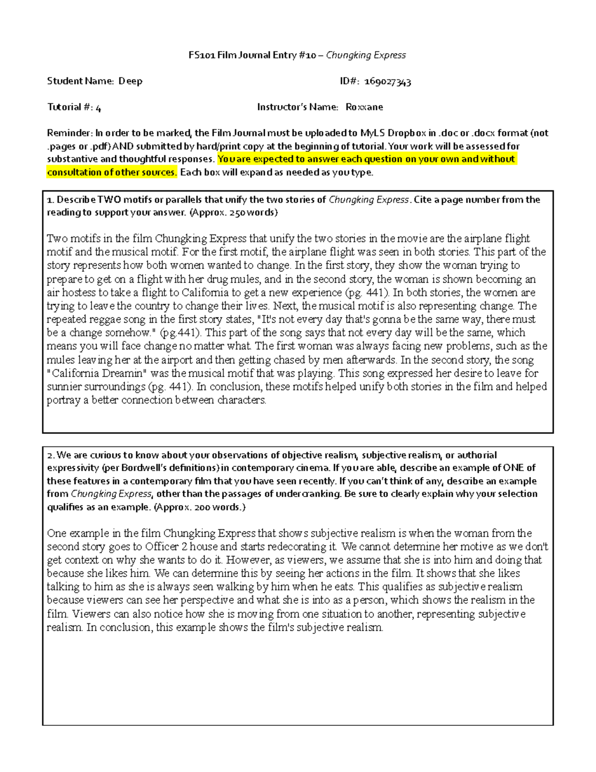 Chungking Express journal FS101 Film Journal Entry 10 Chungking