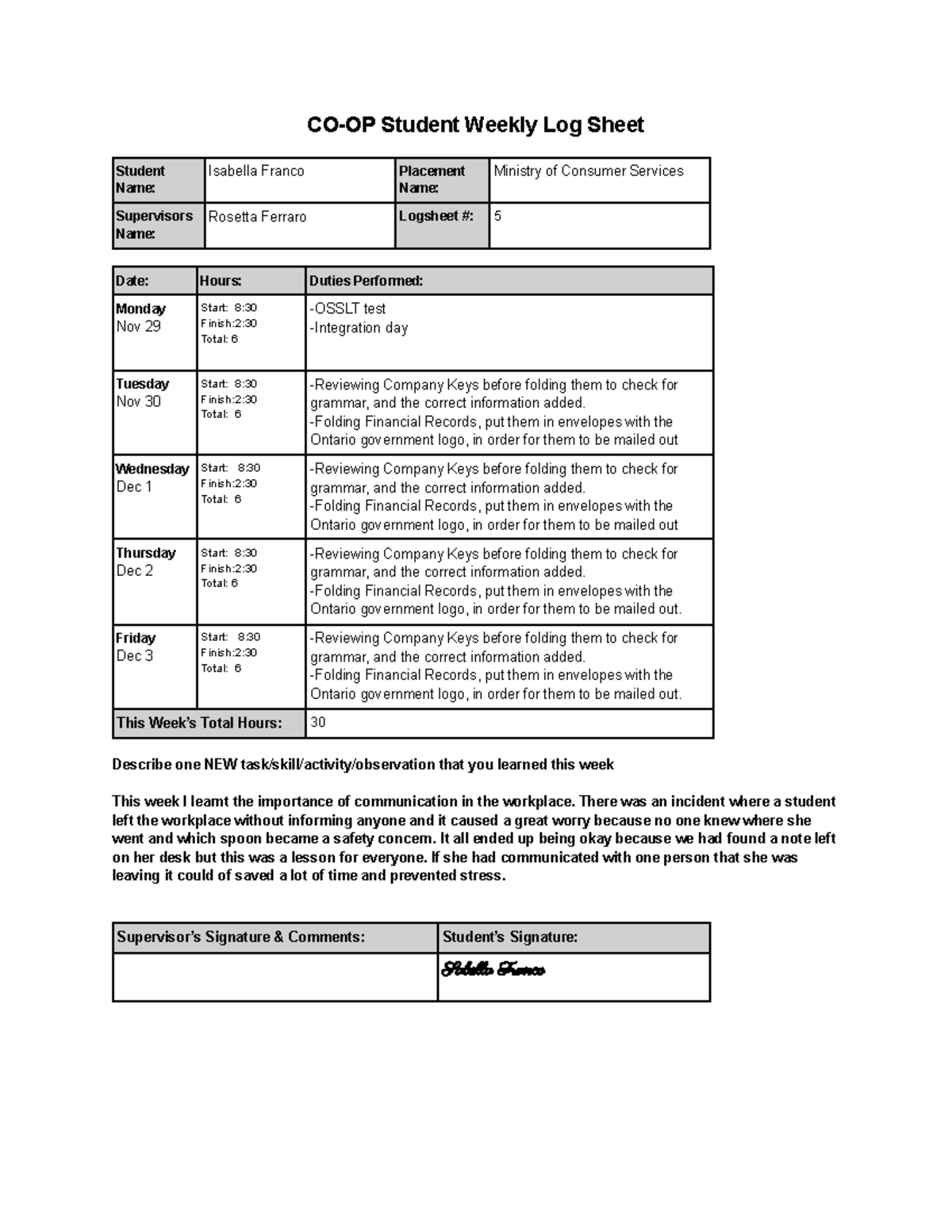 COOP Log Sheets 5 Assignment COOP Student Weekly Log Sheet