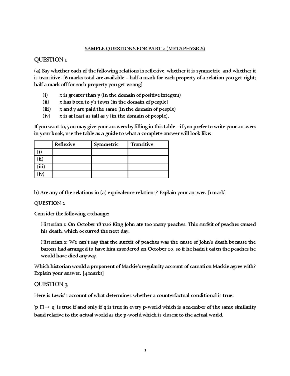 Summary complete Sample qa (metaphysics) SAMPLE QUESTIONS FOR