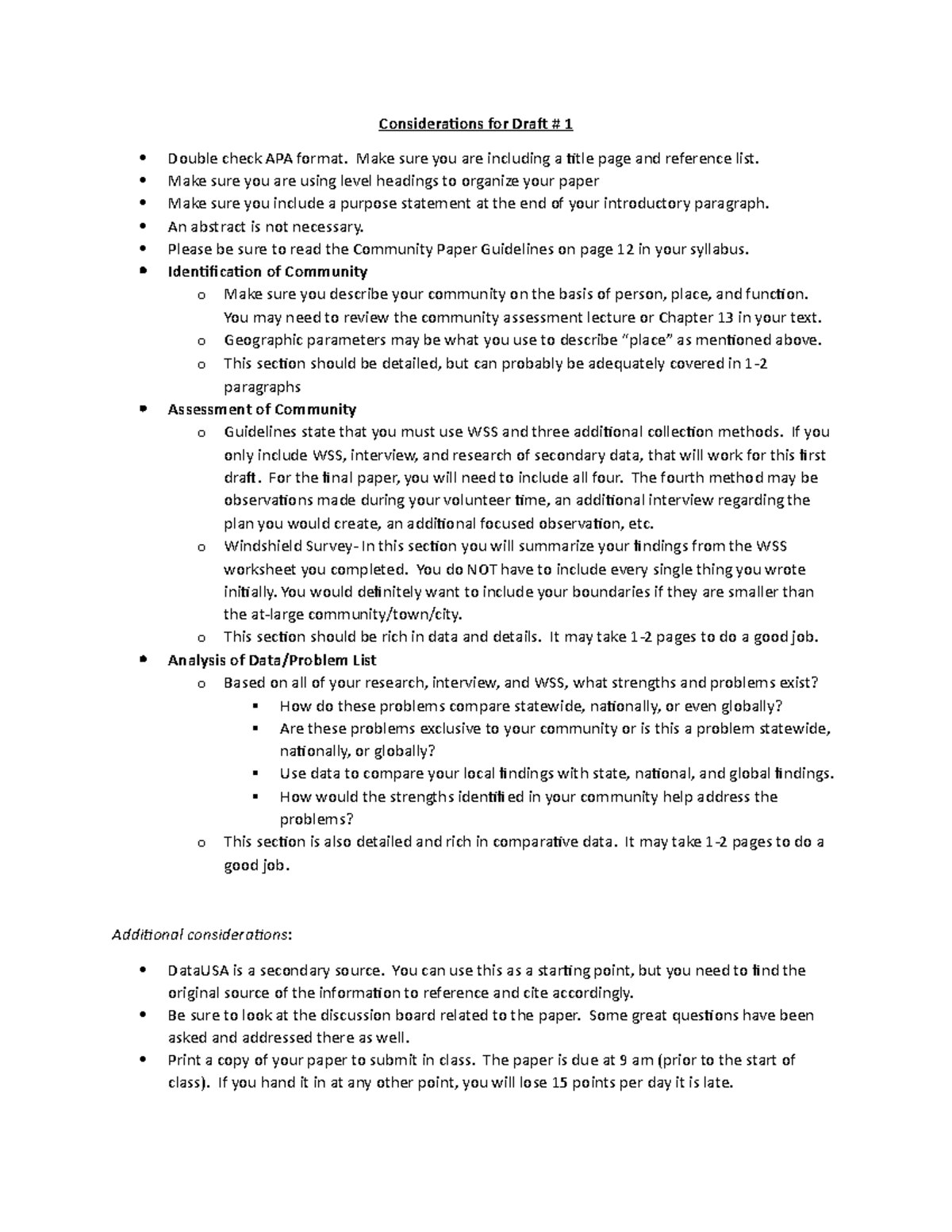 Considerations for Draft #1 - Make sure you are including a title page ...