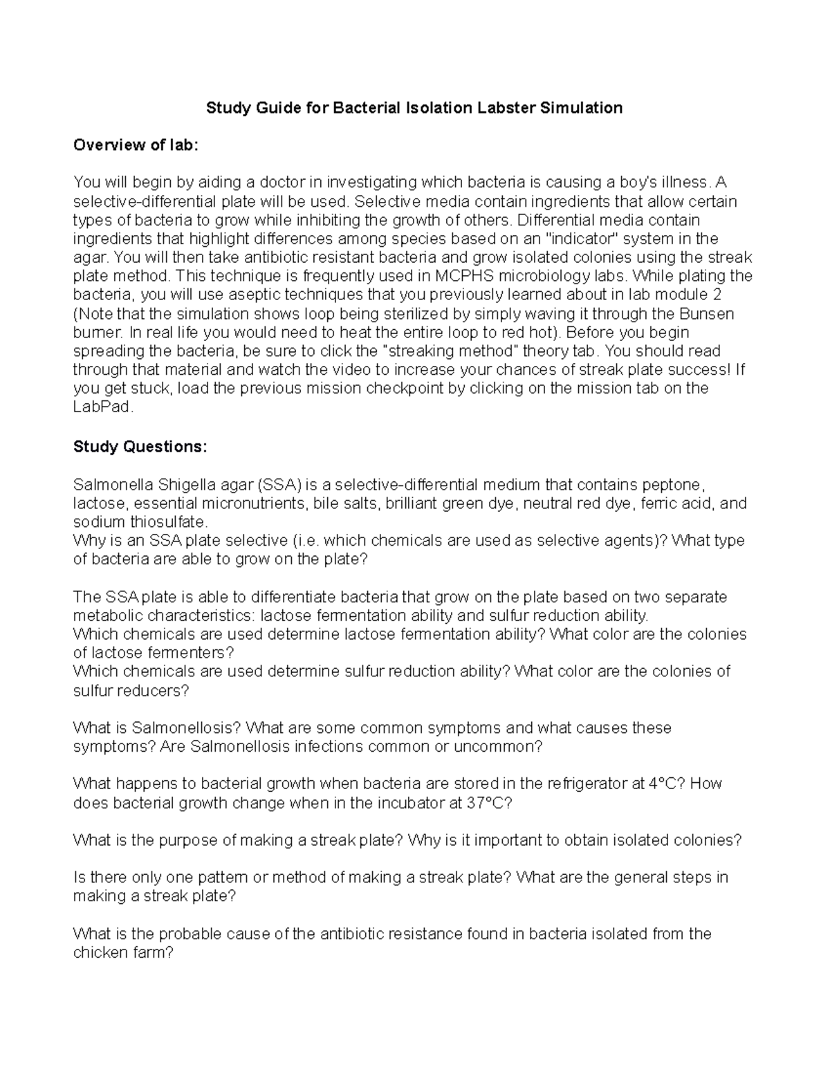Bacteria Isolation Study Guide labster F20 Study Guide for Bacterial