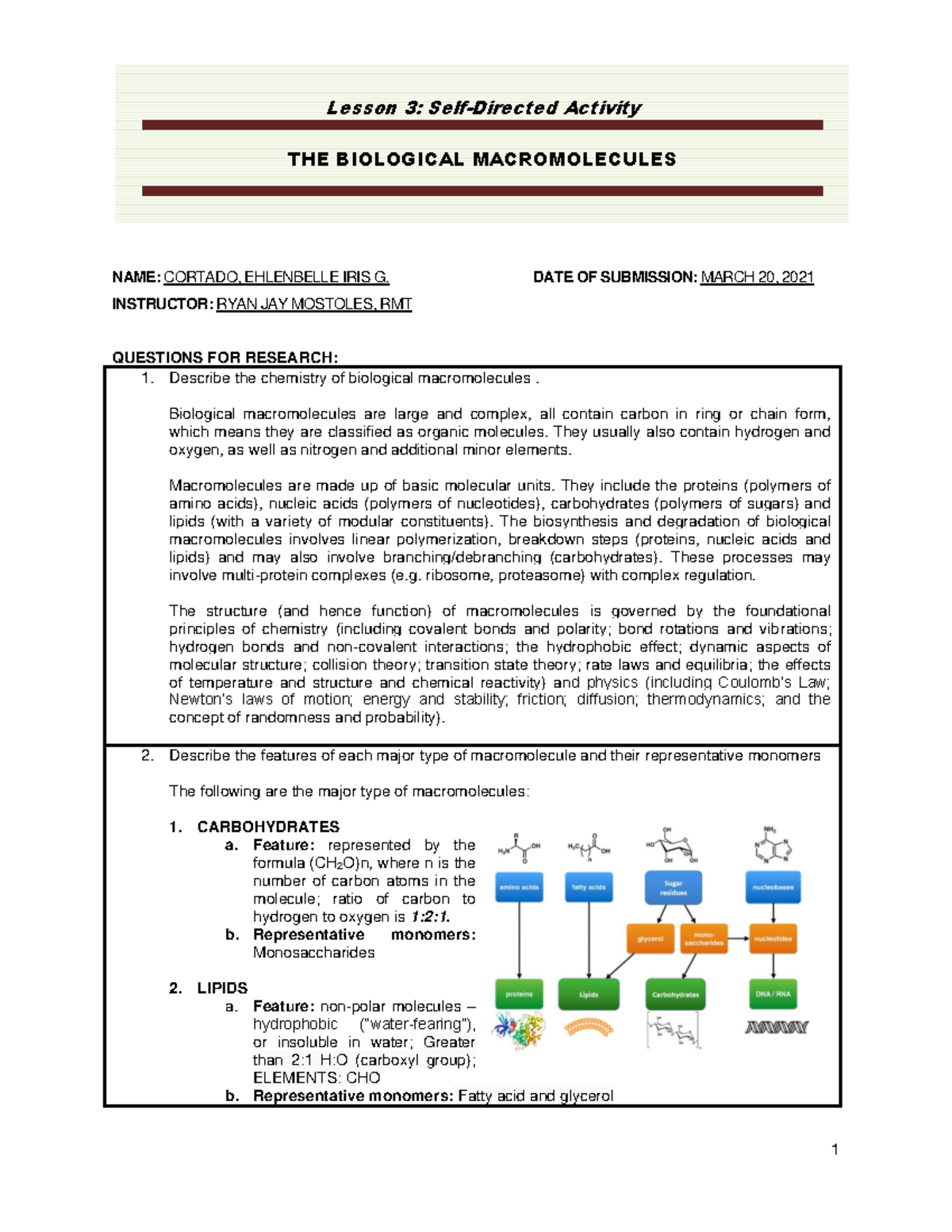 Mol Bio Lec-Lesson 3 Self-Directed Activity - NAME: CORTADO, EHLENBELLE ...