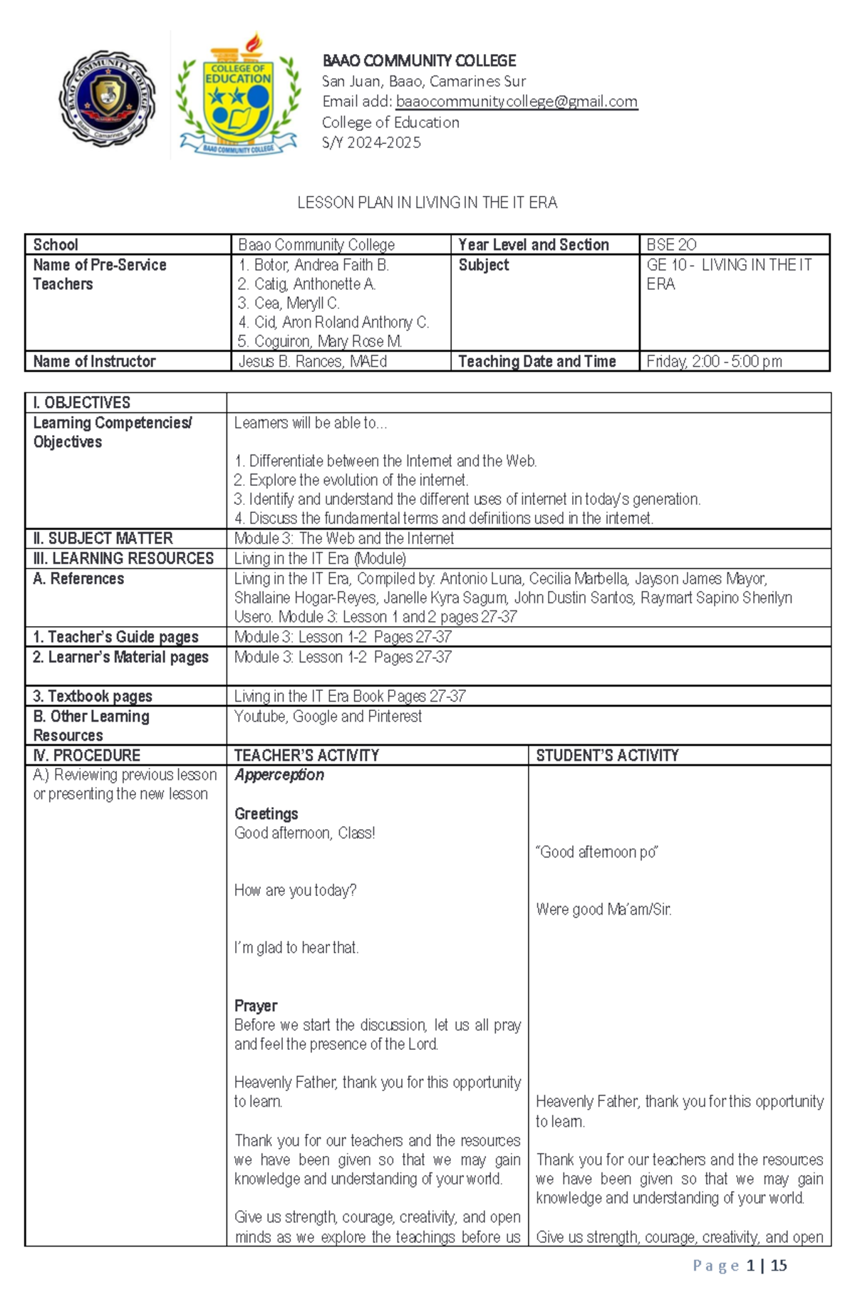 2425-GE 10- Lesson PLAN- Module 3 - BAAO COMMUNITY COLLEGE San Juan ...