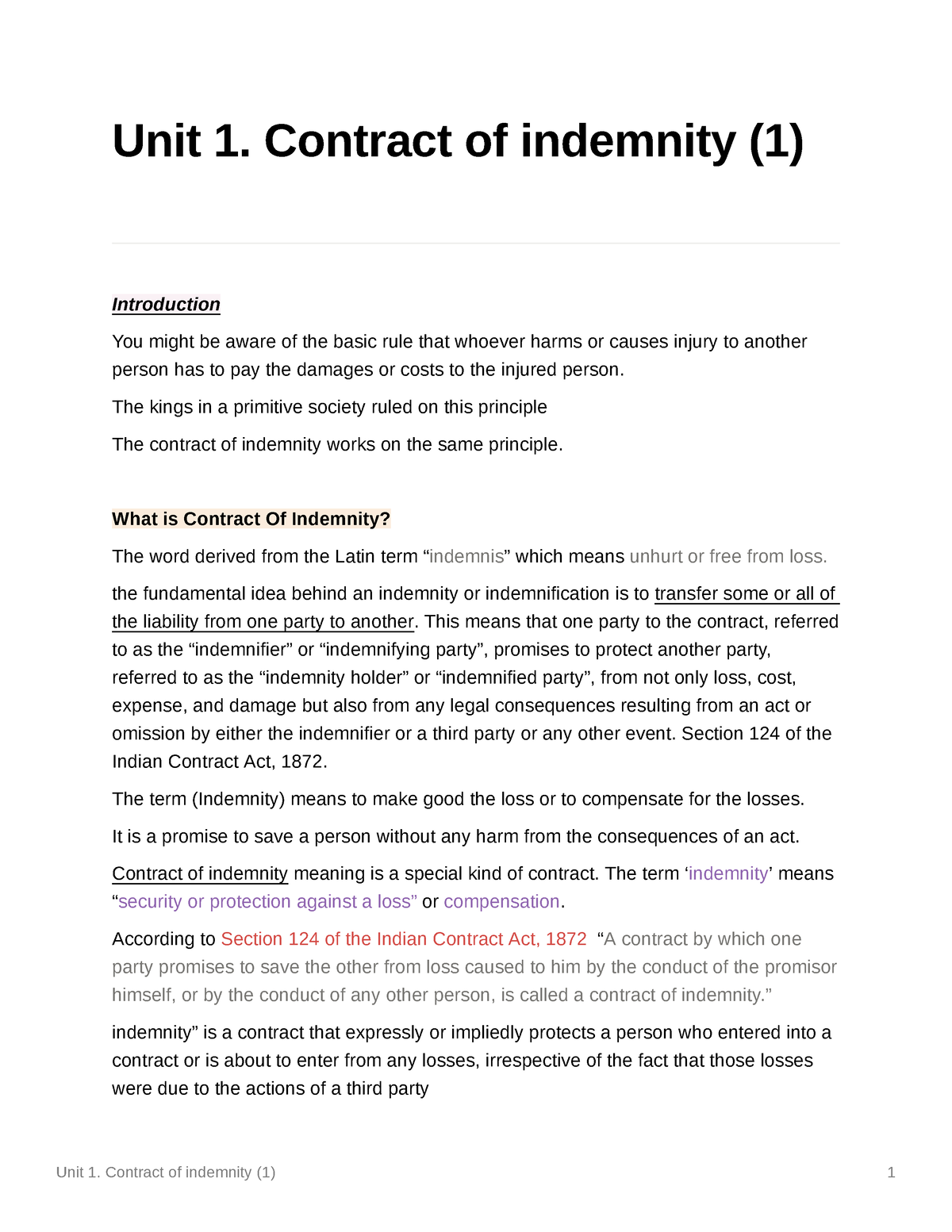 Contract Of Indemnity - Unit 1. Contract Of Indemnity (1) Introduction ...