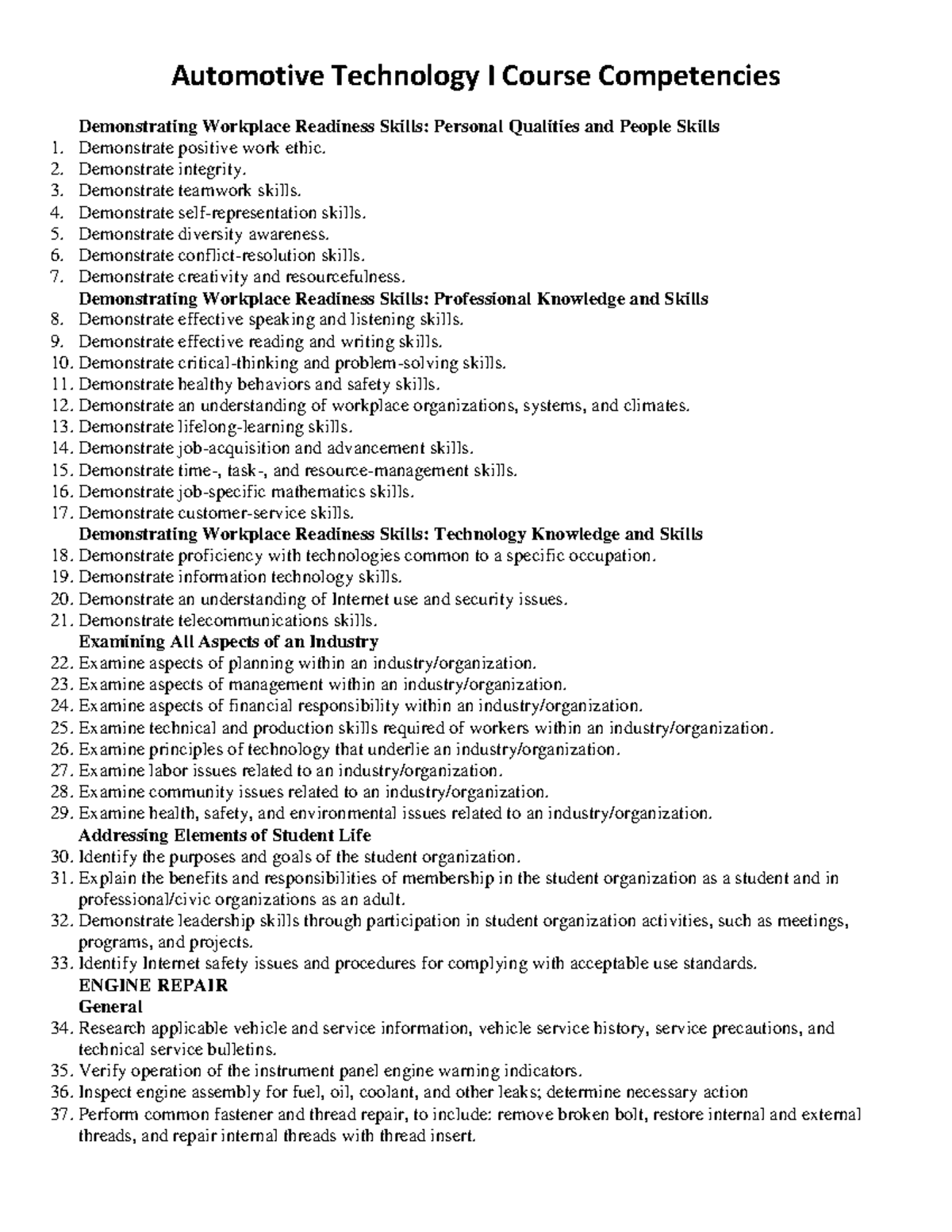 Automotive Technology I Course Competencies - Automotive Technology I ...