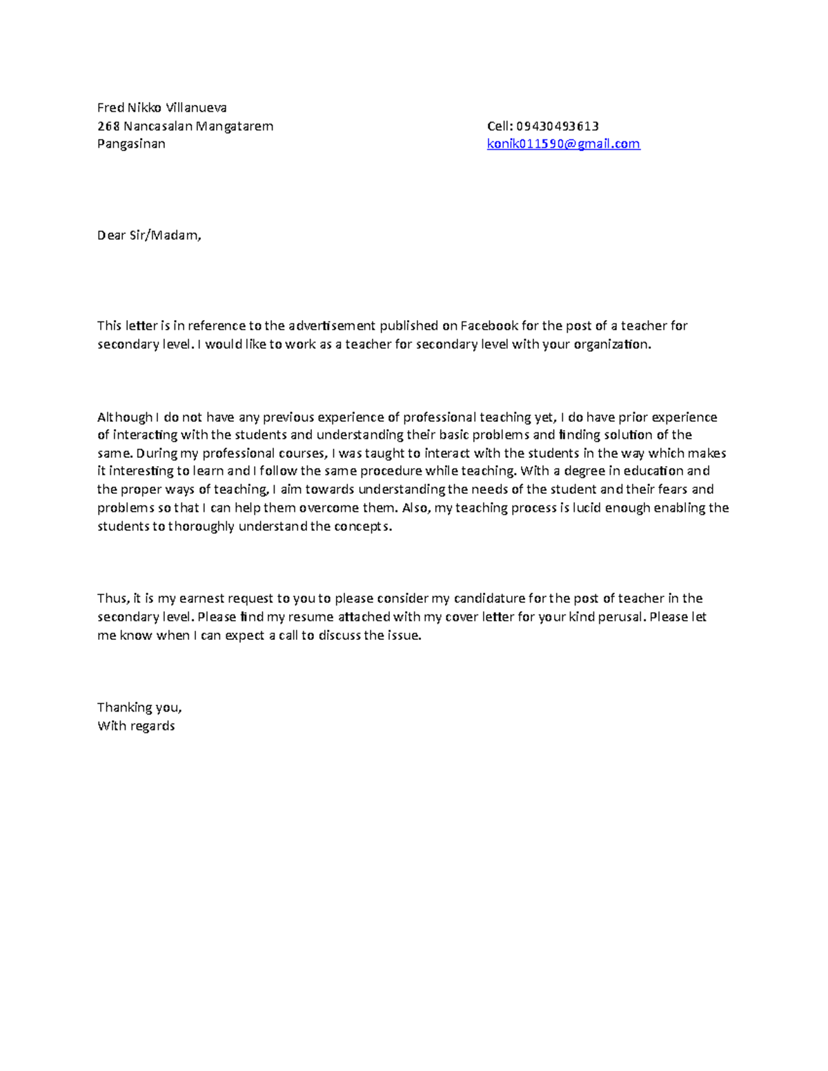 Fred Nikko Villanueva Cover Letter - Fred Nikko Villanueva 268 ...