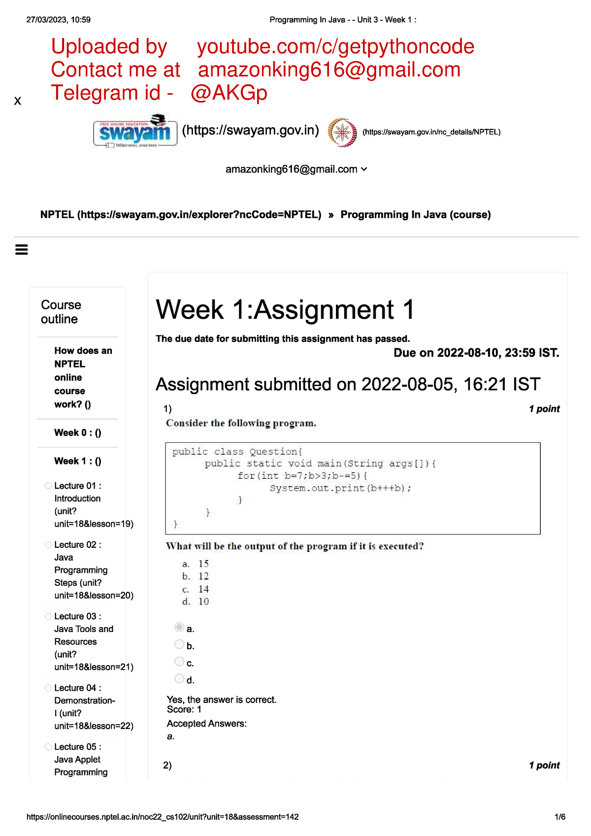 java nptel assignment answers 2022