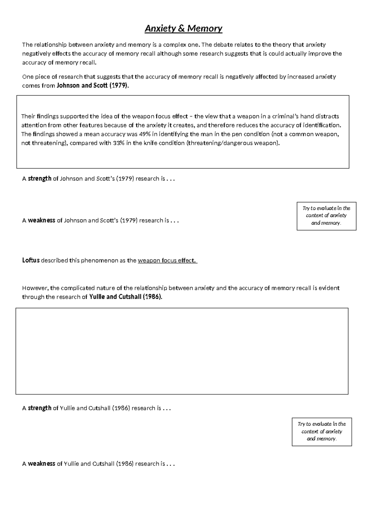 Anxiety and memory revision sheet - Anxiety & Memory The relationship ...