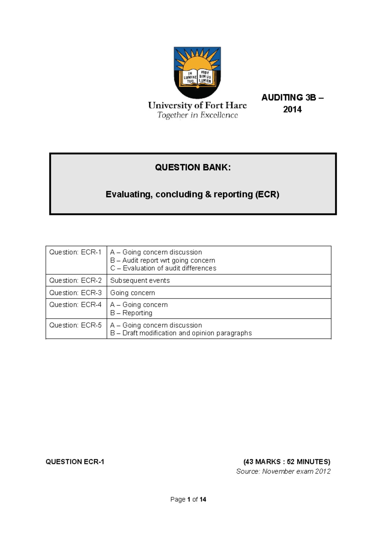 ECR Question Bank - AUDITING 3B – 2014 QUESTION BANK: Evaluating ...