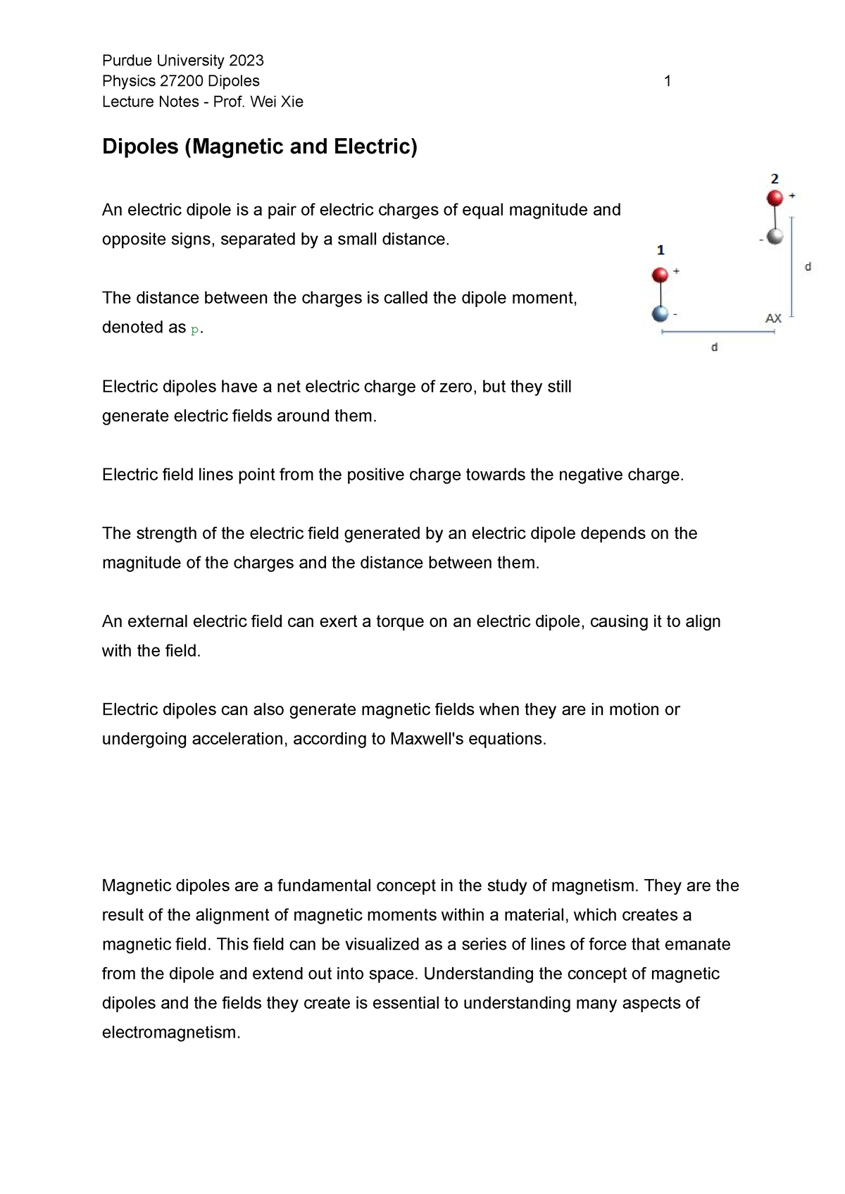 PHYS27200 Electric Dipoles Lecture Notes 2023 - Physics 27200 Dipoles 1 ...