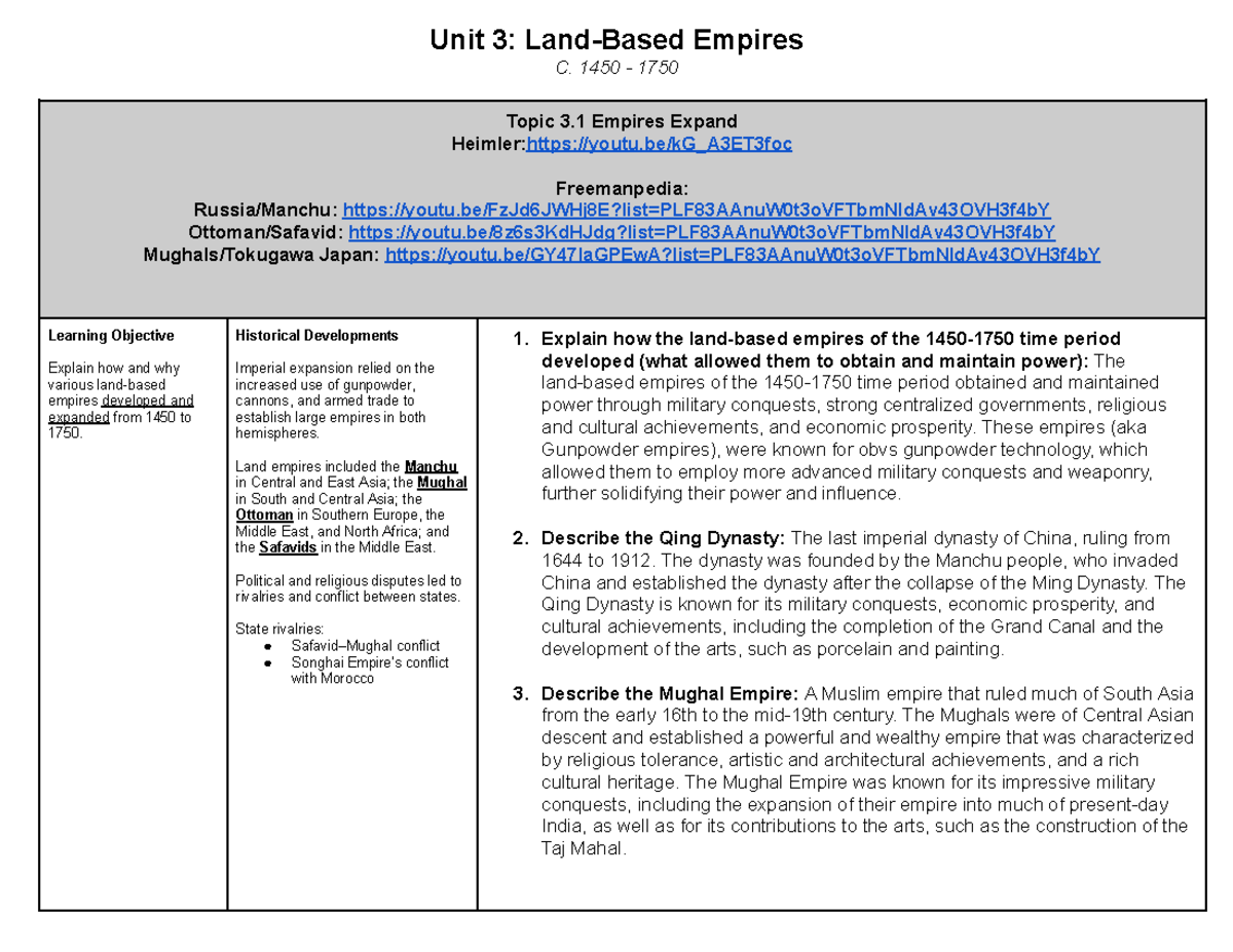 AP WORLD REVIEW UNIT 3 - Unit 3: Land-Based Empires C. 1450 - 1750 ...