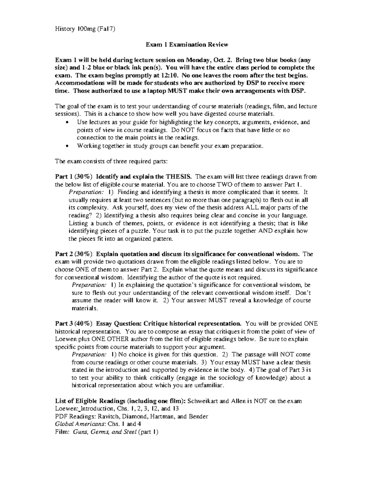 Exam 1 review sheet - Lecture notes 1 - History 100mg (Fa17) Exam 1 ...