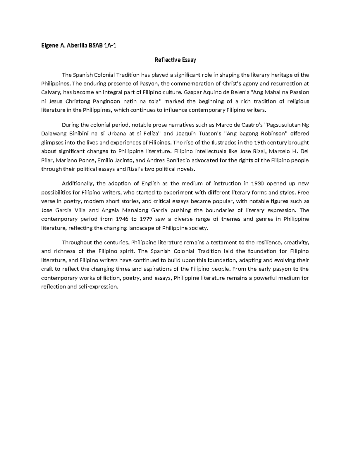 Reflective essay - THE Philippine Literature - Elgene A. Aberilla BSAB ...