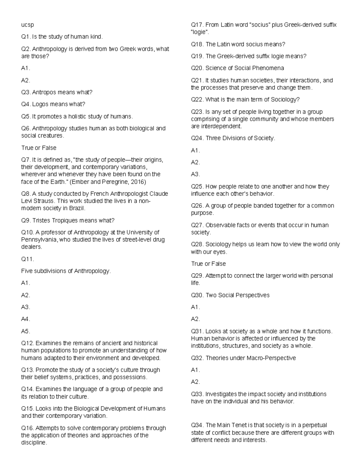 Ucsp practice test - quarter one - ucsp Q1. Is the study of human kind ...