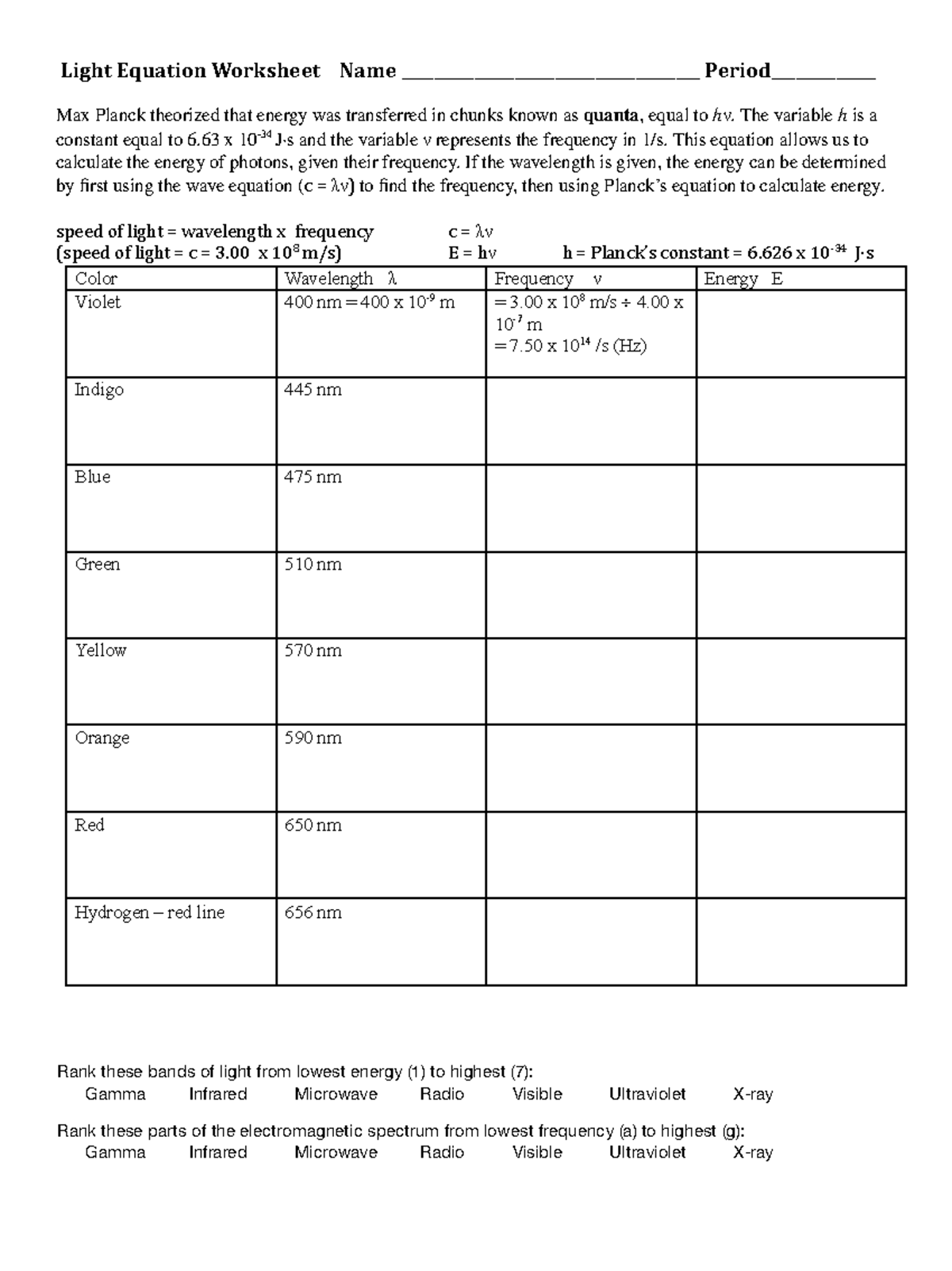 Freq energy wavelength - Light Equation Worksheet Name