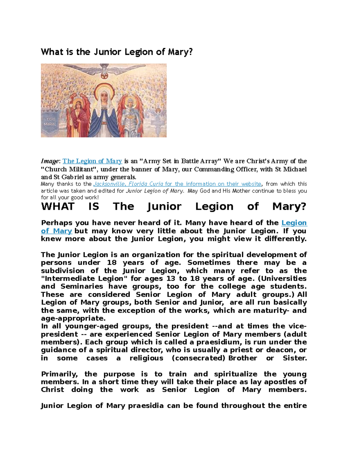 What is the Junior Legion of Mary, done by encouraging them in prayer