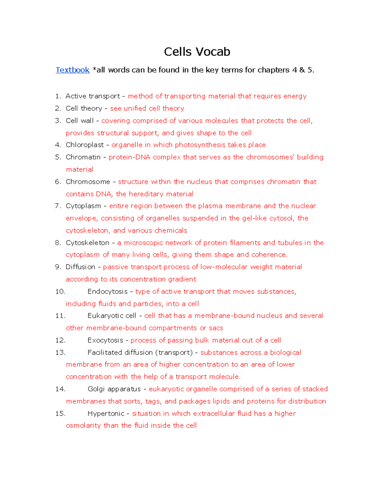 Cells Vocabulary Cells Vocab Textbook *all words can be found in the