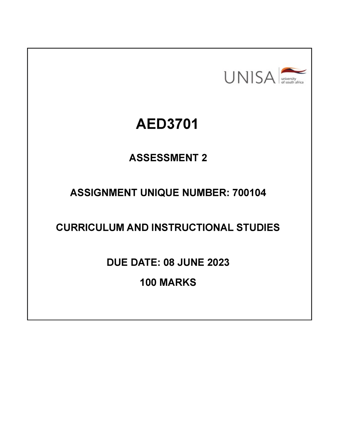 AED3701 Assessment 2 (700104) 26 May - 08 June 2023 - Aed3701 - Unisa ...