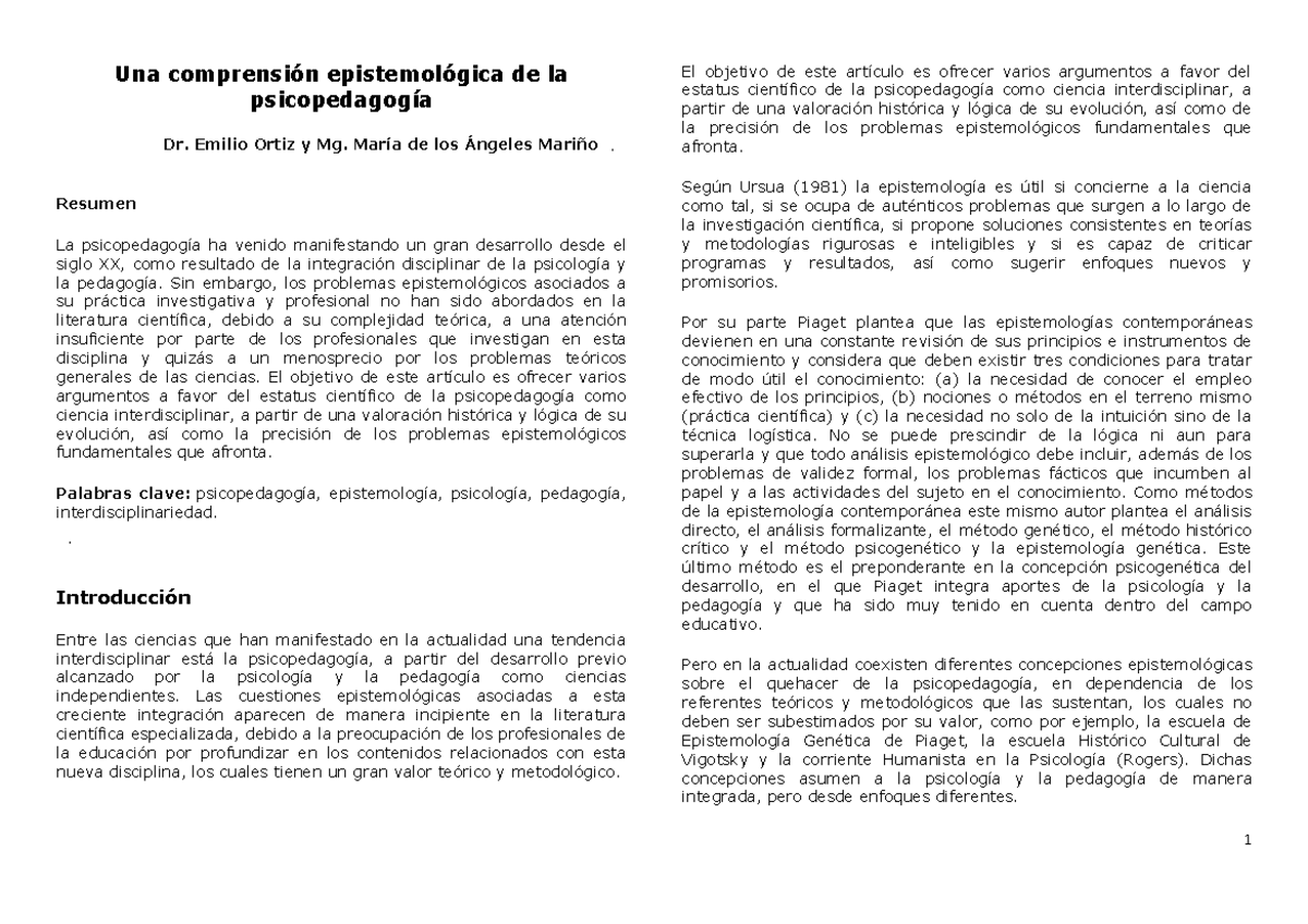 Una comprensión epistemológica de la psicopedagogía - Emilio Ortiz y Mg