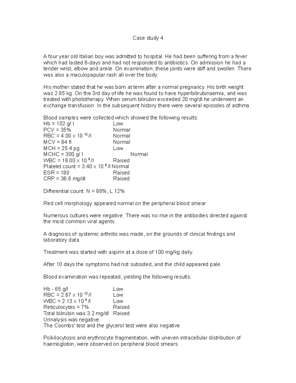 Case 4 - Extra infomation - Case study 4 A four year old Italian boy ...