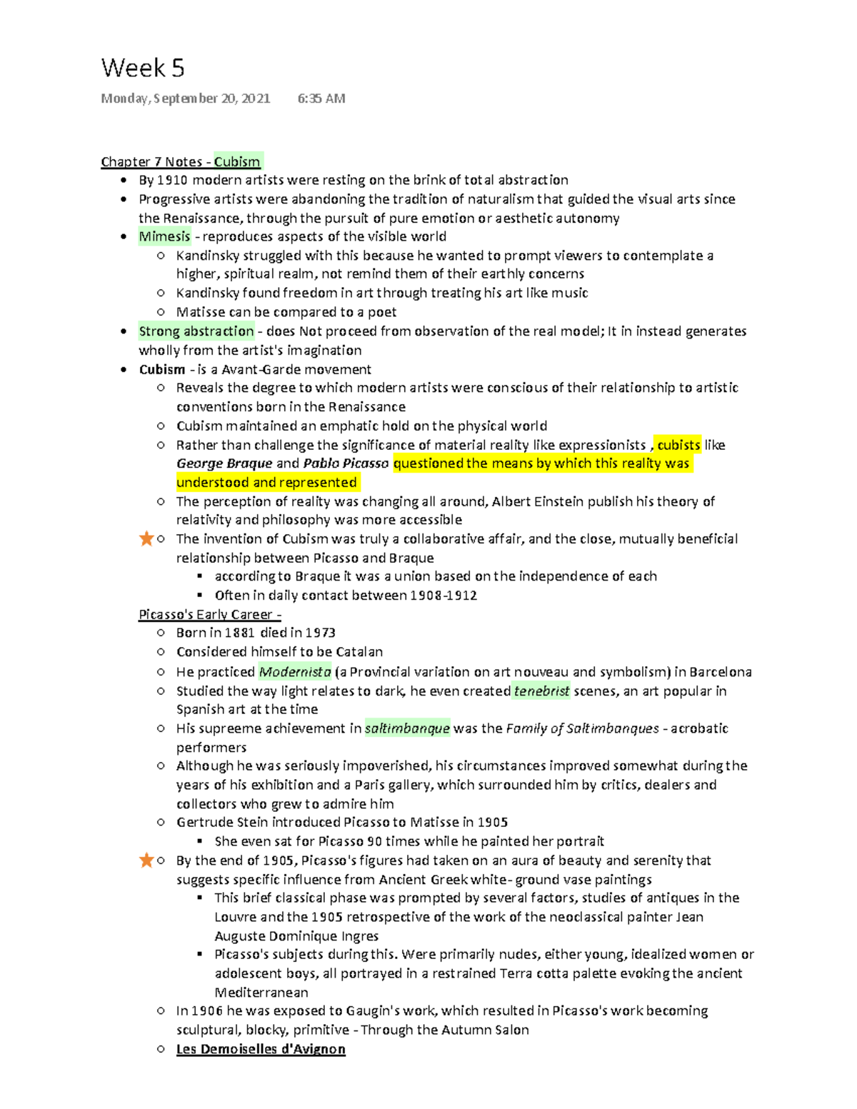 History of modern art notes 5 Chapter 7 Notes Cubism By 1910