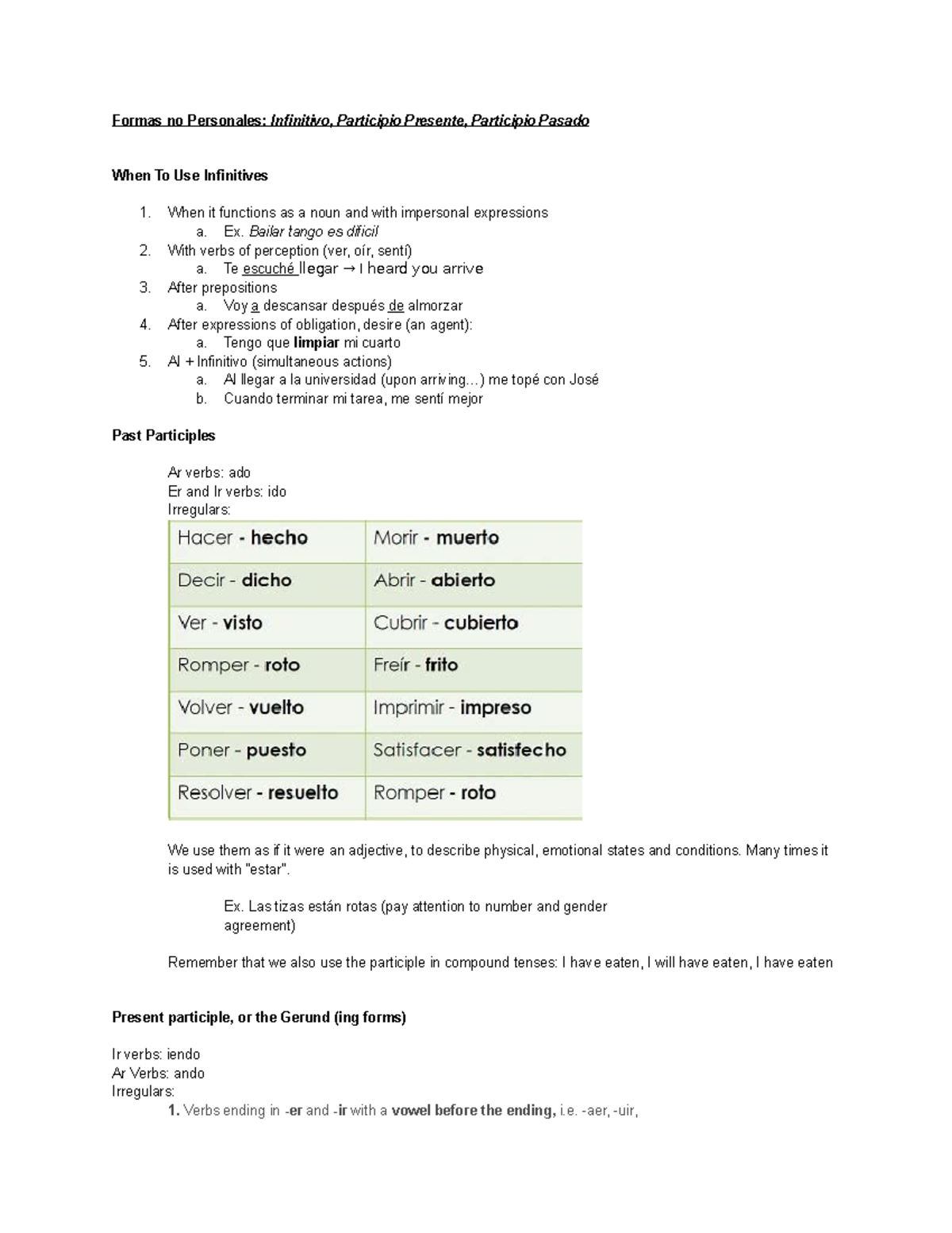 Final Spanish Test Review 3301W - Formas no Personales: Infinitivo ...