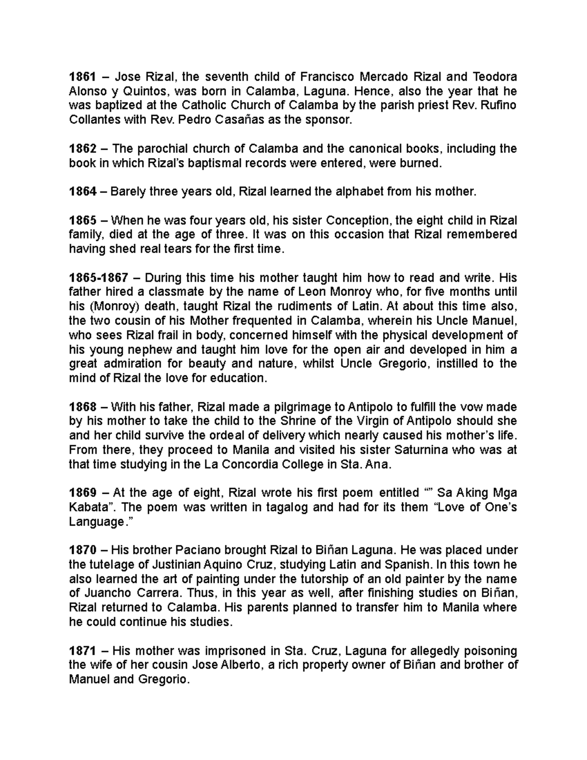Timeline of Rizal - 1861 – Jose Rizal, the seventh child of Francisco ...