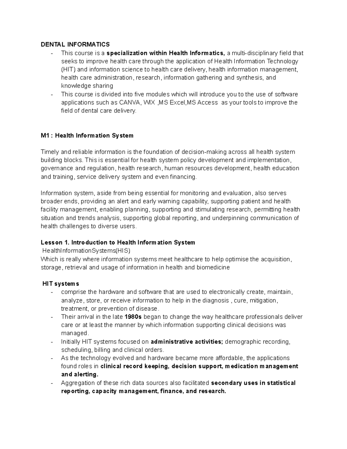 DI 1 - Lecture notes 1-5 - DENTAL INFORMATICS This course is a ...