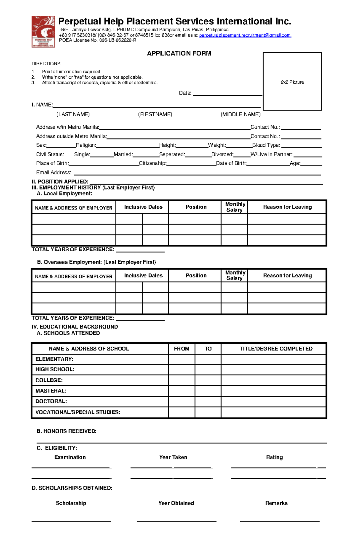 Phpsii-application Form - Perpetual Help Placement Services 