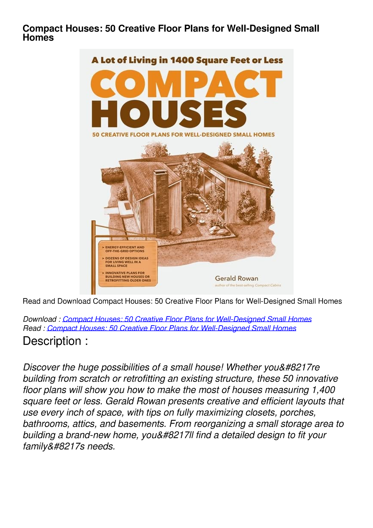 PDF Compact Houses 50 Creative Floor Plans For Well Designed Small Homes ONLINE BOOK Compact