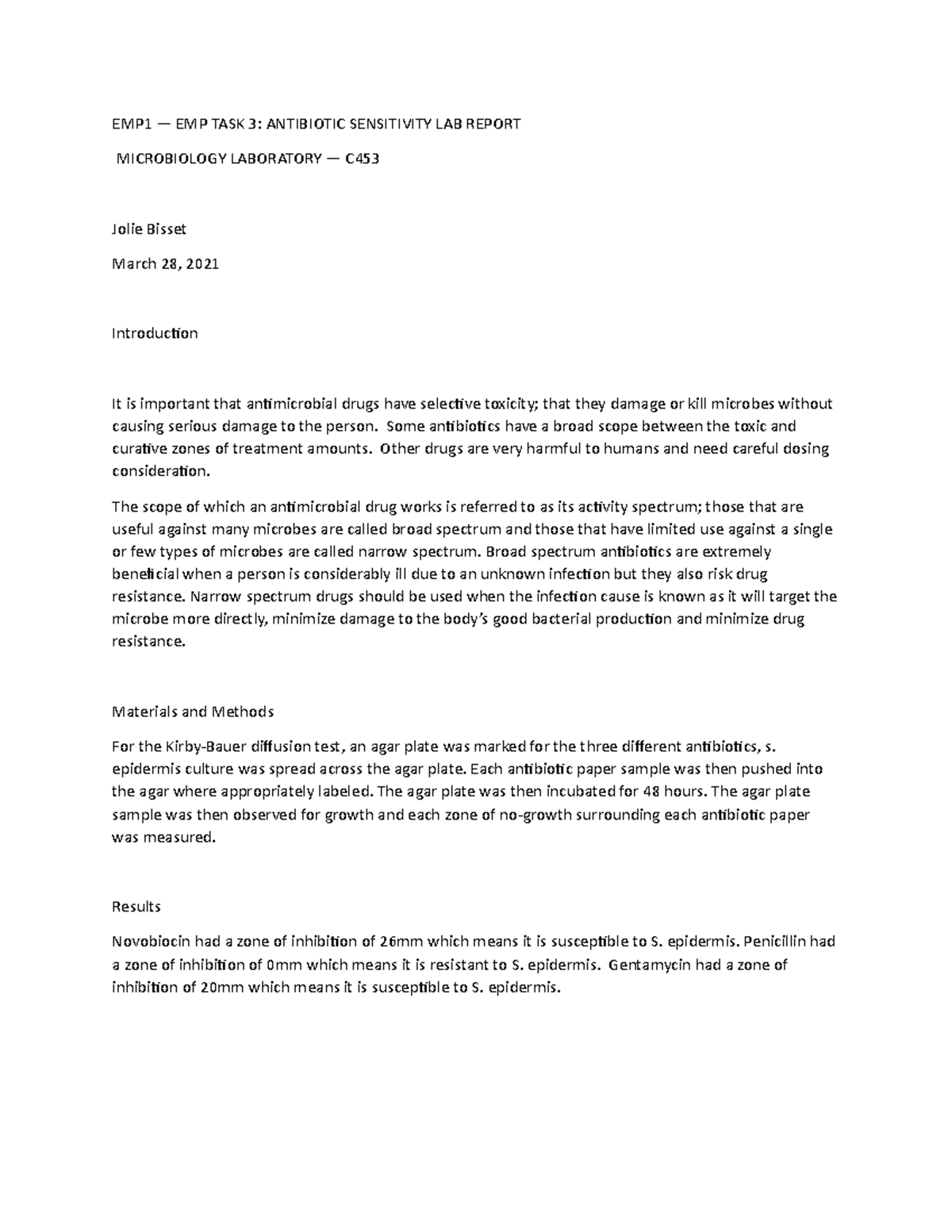 Microbiology C453 Task 3 Passed EMP1 — EMP TASK 3 ANTIBIOTIC SENSITIVITY LAB REPORT