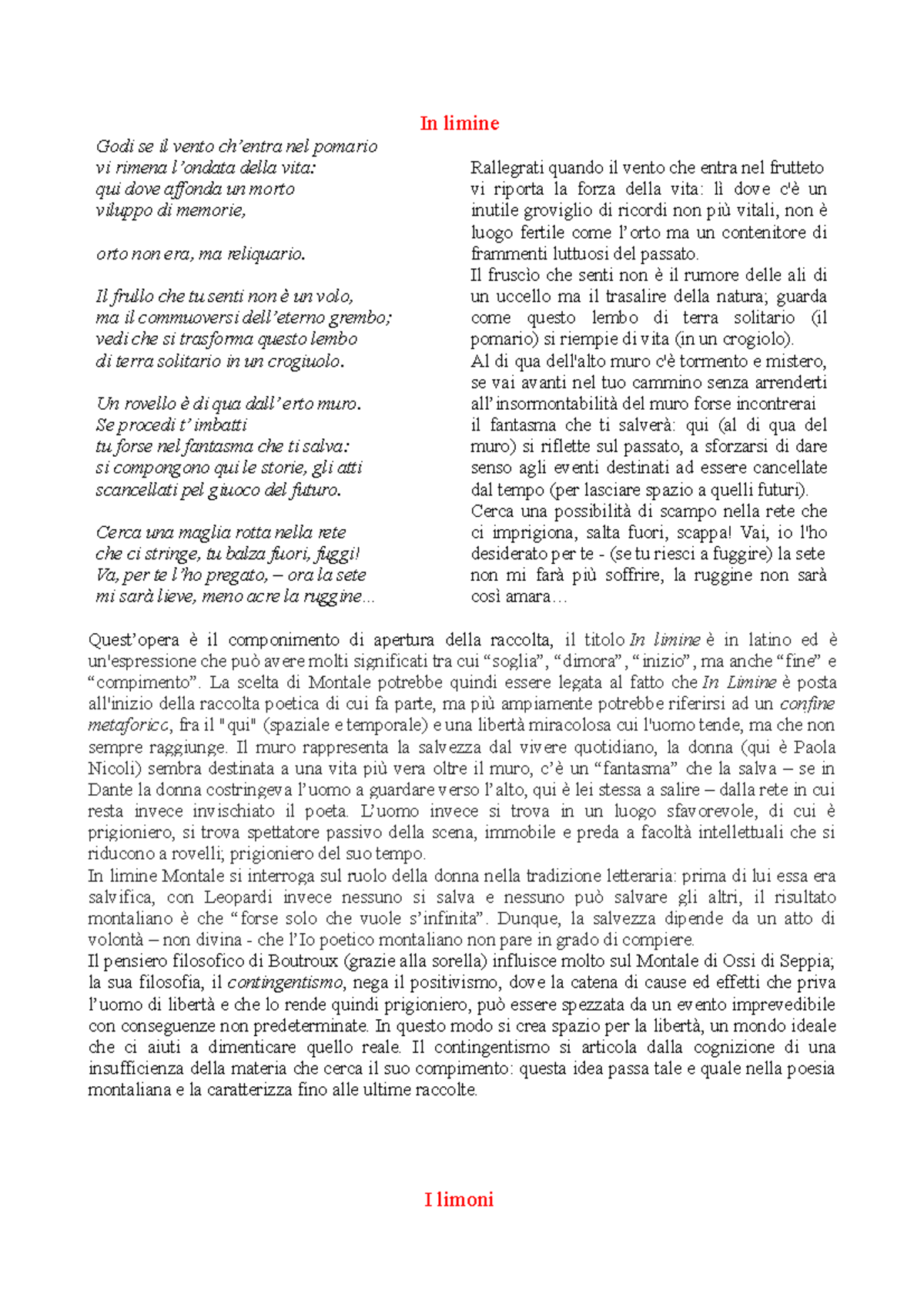 Appunti su Ossi di seppia In limine Godi se il vento ch’entra nel pomario vi rimena l’ondata Appunti su Ossi di seppia In limine Godi se il vento ch’entra nel pomario vi rimena l’ondata