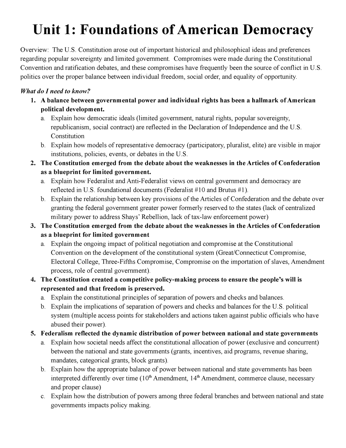 AP Government Unit 1 Outline - Unit 1: Foundations Of American ...