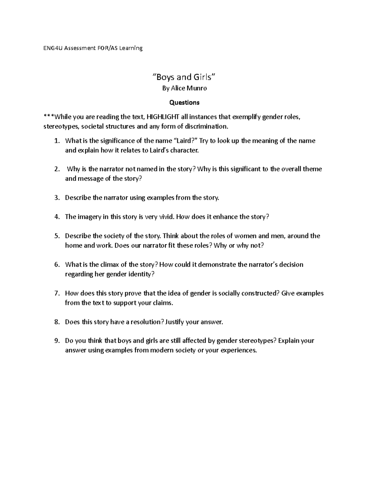Boys and Girls questions ENG4U Assessment FOR/AS Learning “Boys and