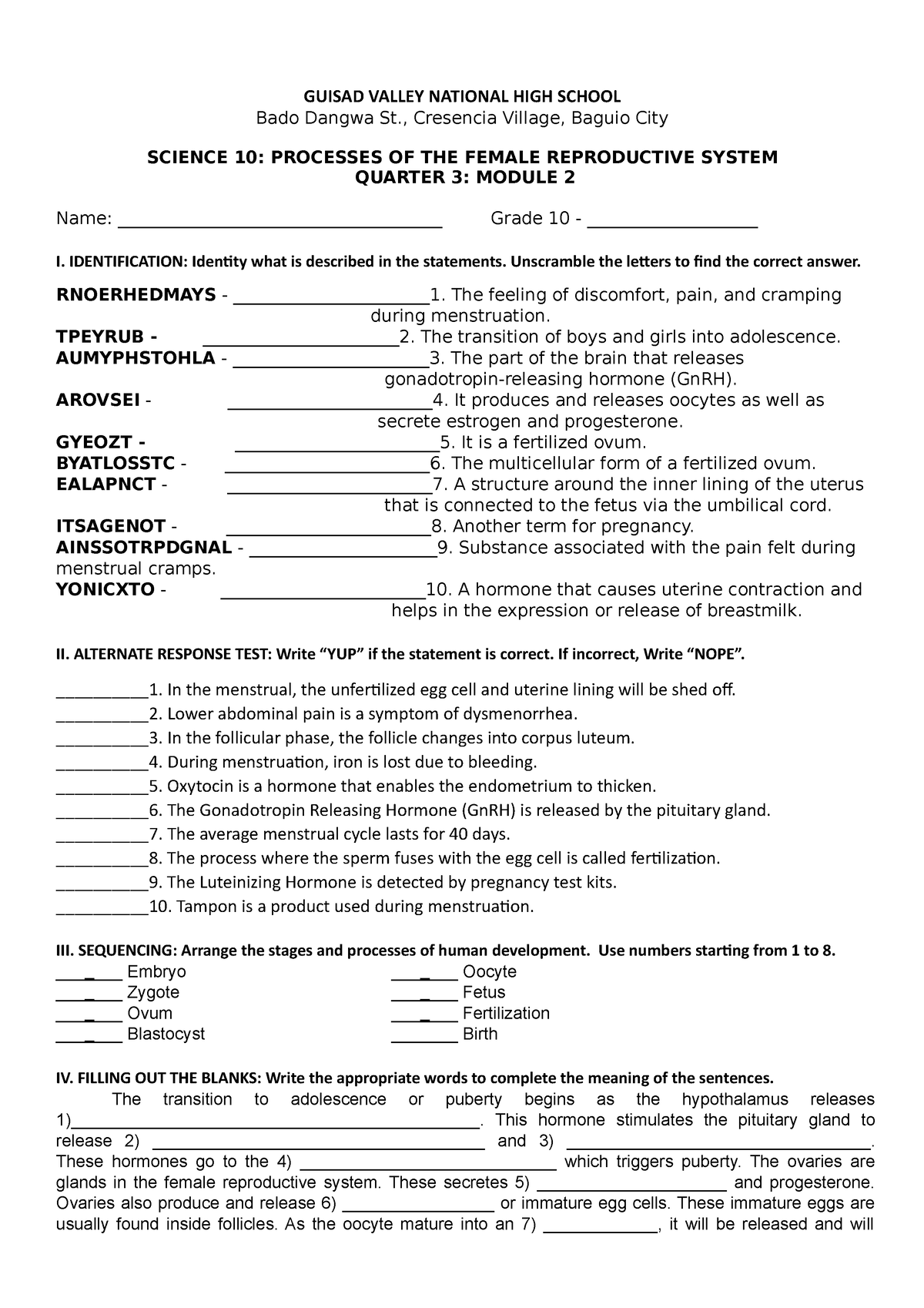 Activity Sheet Grade 10 Quarter 3 Module 1 Hormones In The Human Reproduction For Posting 1857