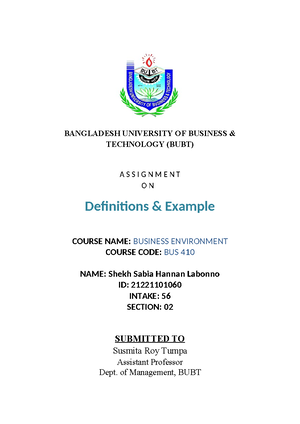 English assingment Front page - BANGLADESH UNIVERSITY OF BUSINESS ...