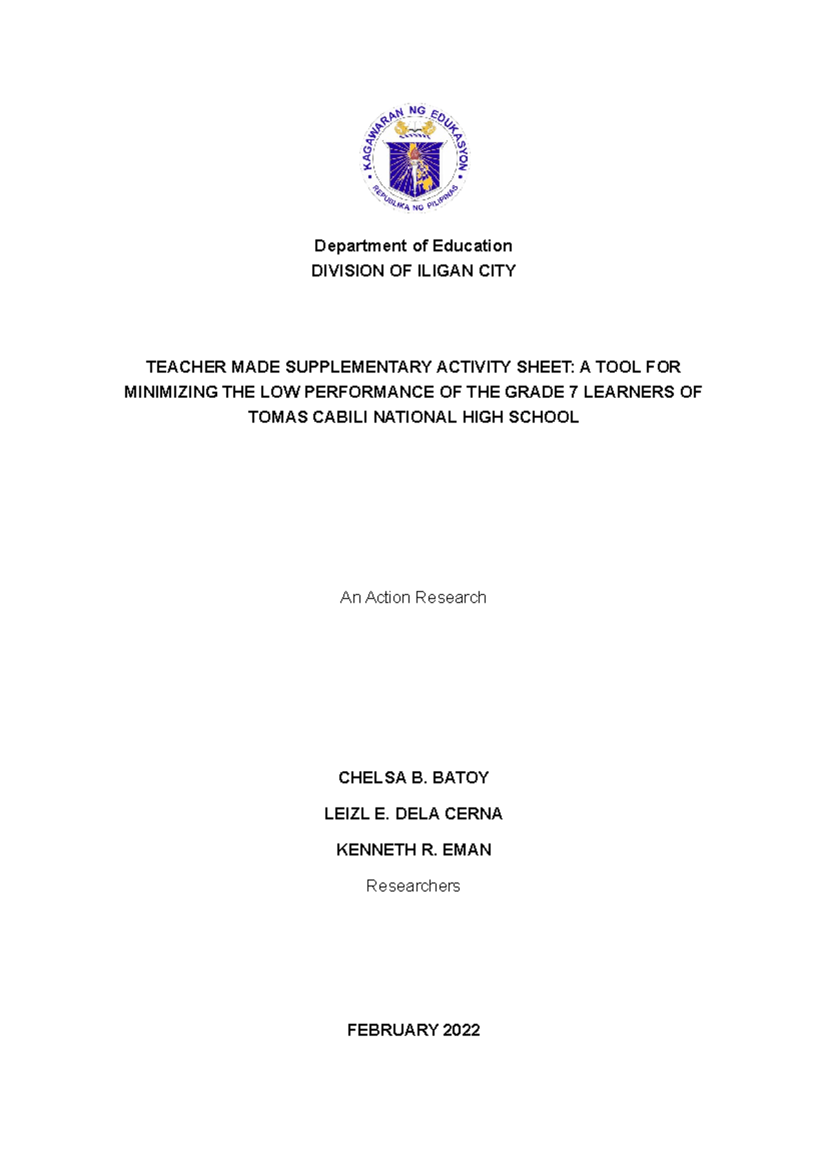 Draft Action Research Batoy, DELA Cerna, EMAN - Department of Education ...