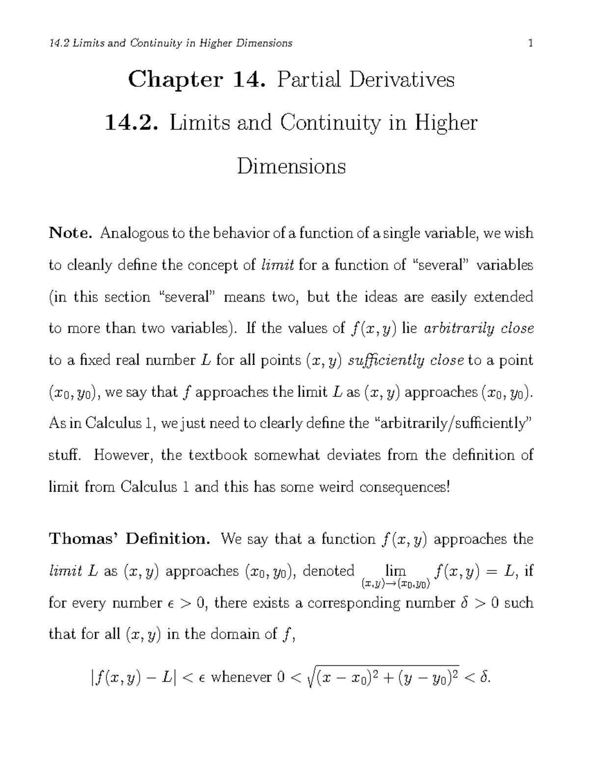 Limits and Continuity in Higher Dimensions - Chapter 14. Partial ...