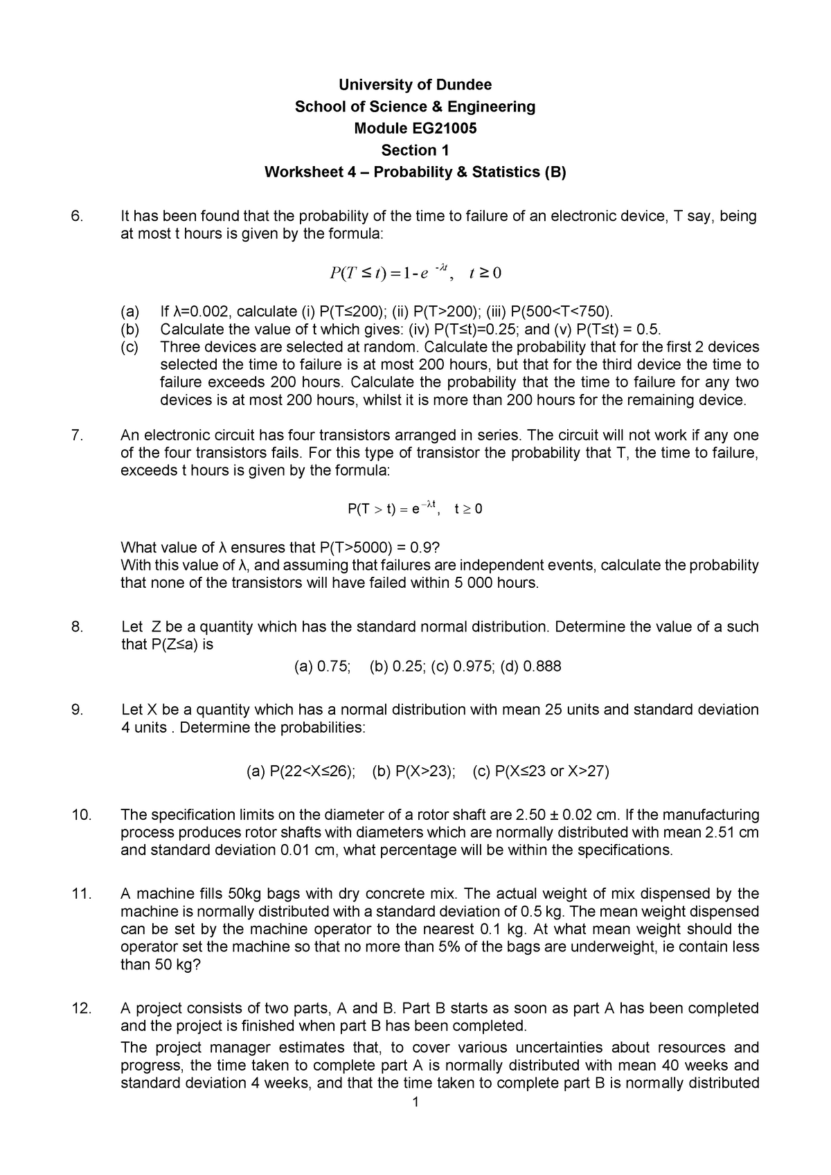 Worksheet 4 - Prob & Stats (B) - 1 University Of Dundee School Of ...