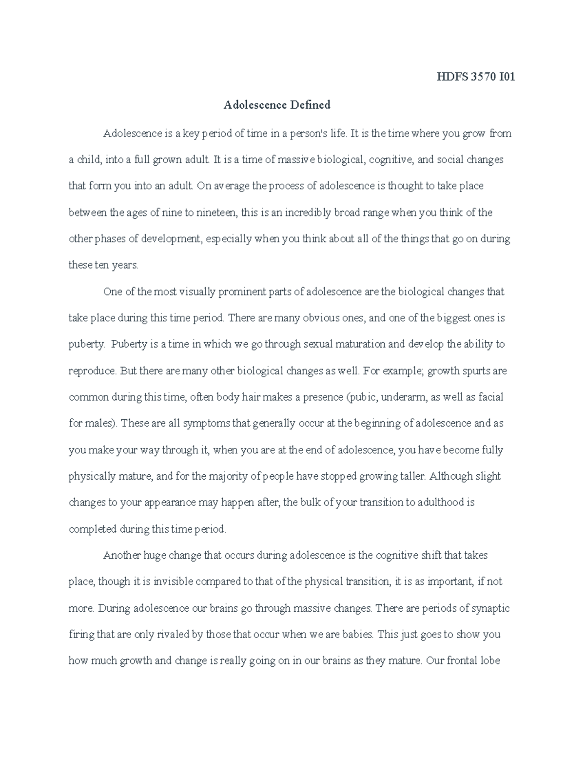 Adolescence Defined - example essay - HDFS 3570 I Adolescence Defined ...