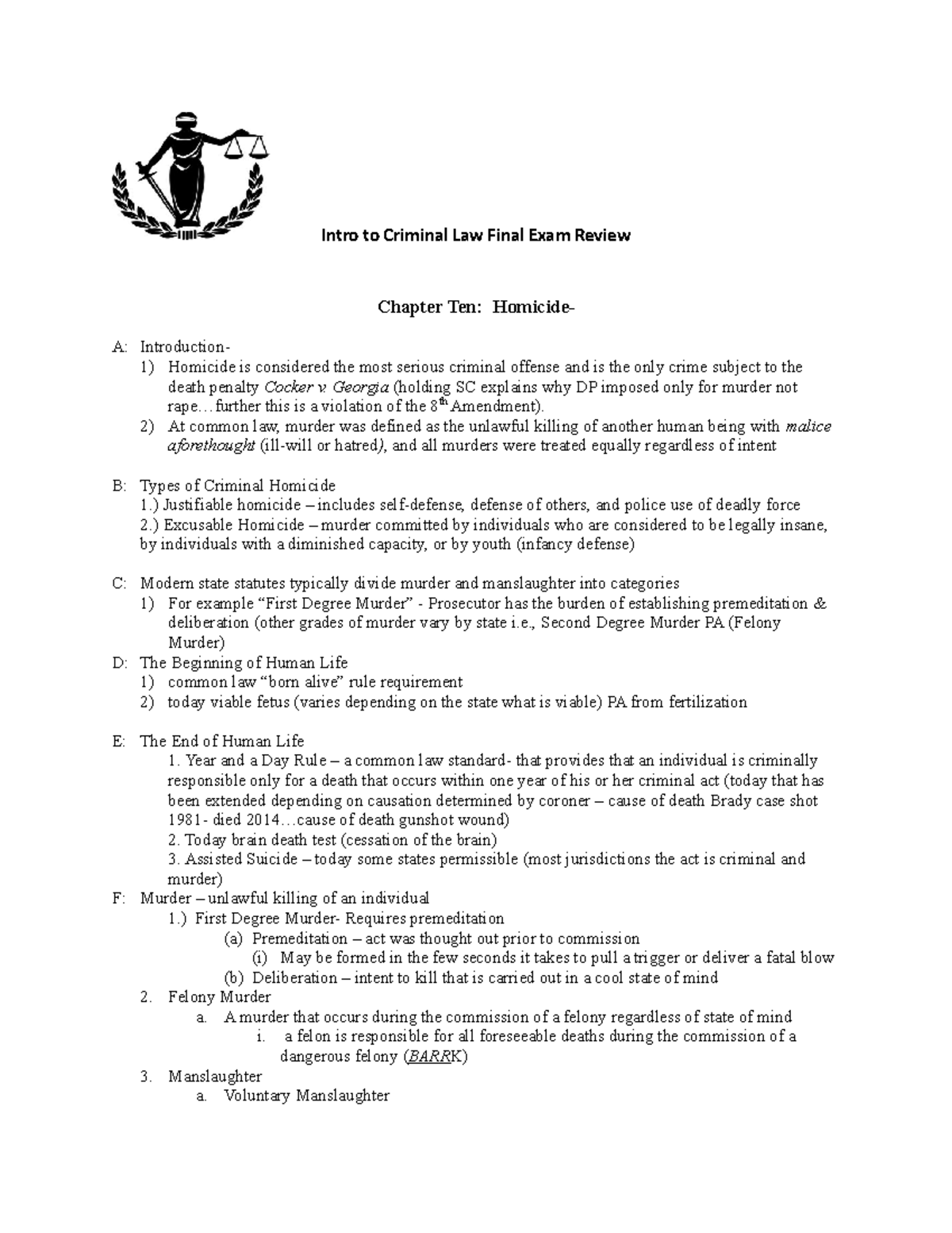 Crim Law Sp23 - Materials - Intro to Criminal Law Final Exam Review ...
