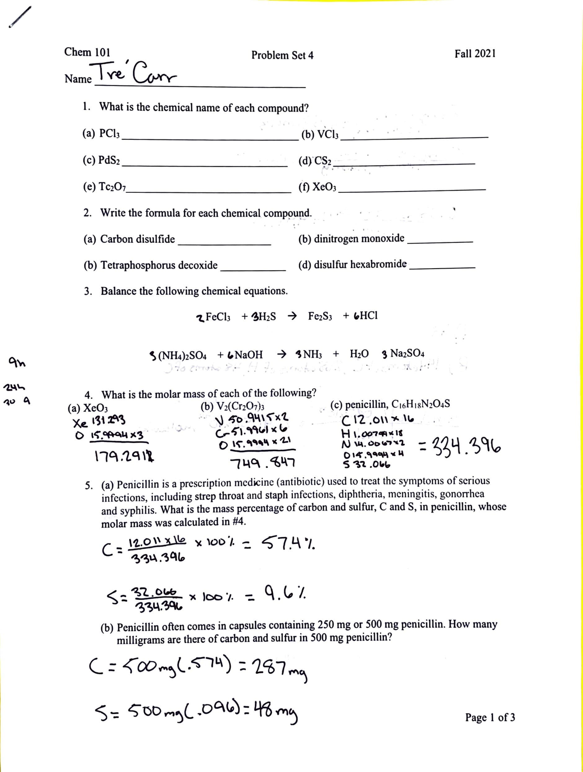 Problem set 4 - Chemical names of compounds and chemical equations ...