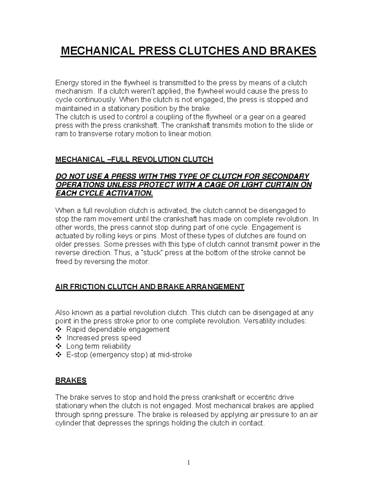 Mechanical Press Clutches AND Brakes 1 MECHANICAL PRESS CLUTCHES AND