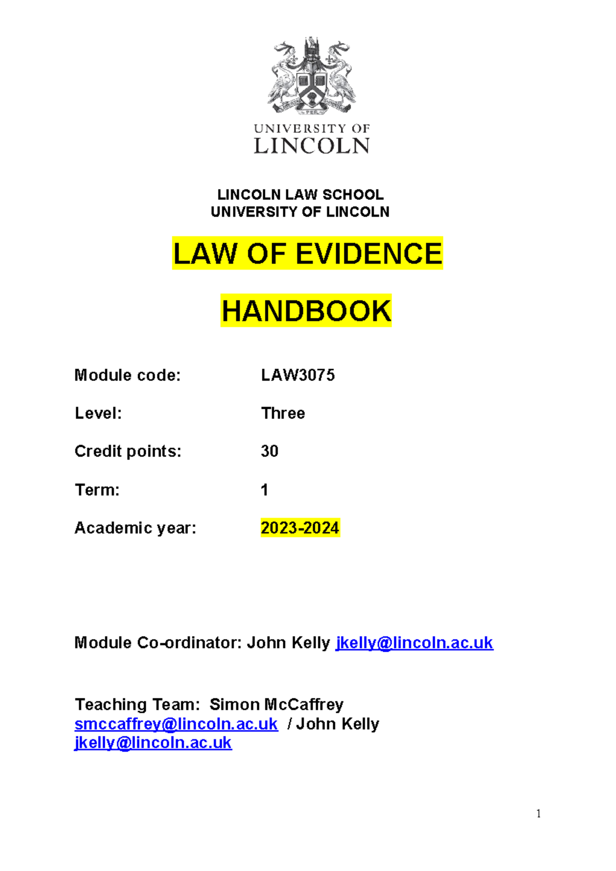 Law of Evidence Handbook (Term 1) - LINCOLN LAW SCHOOL UNIVERSITY OF ...