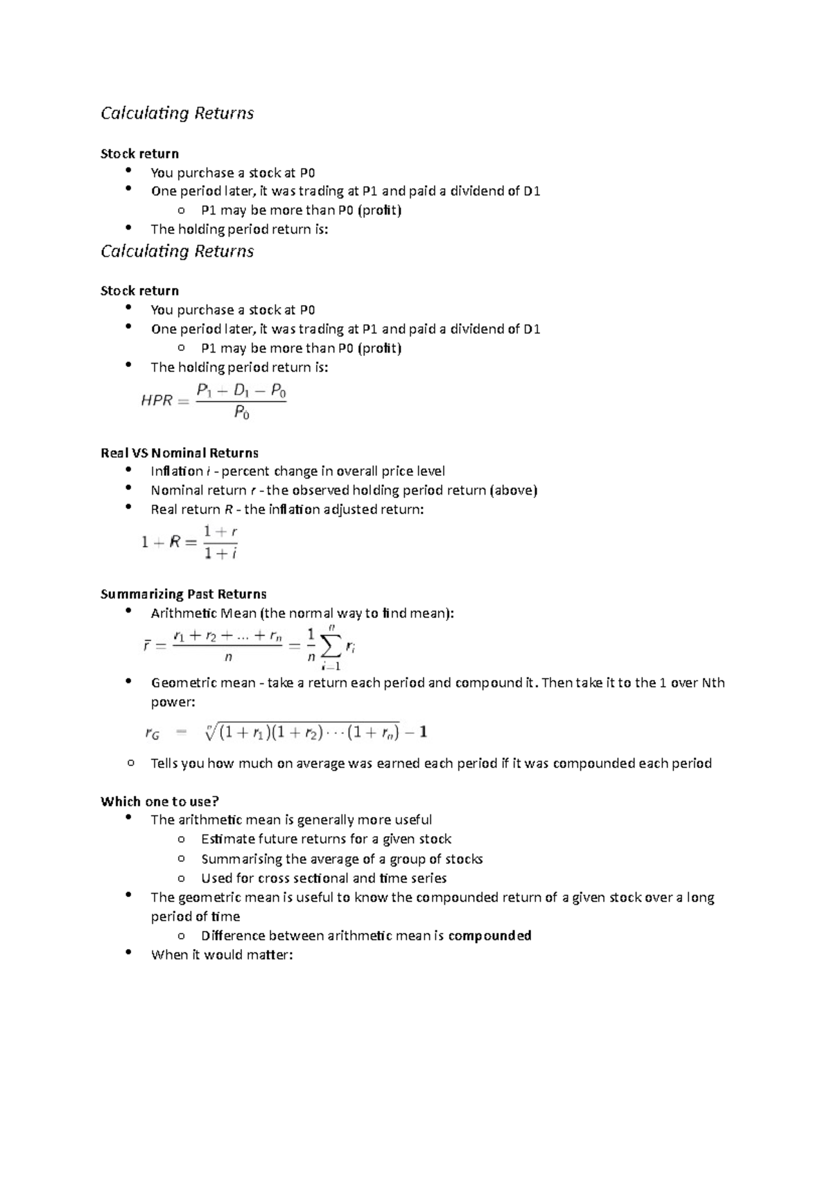 Lecture 2 Summary - notes - Calculating Returns Stock return You ...