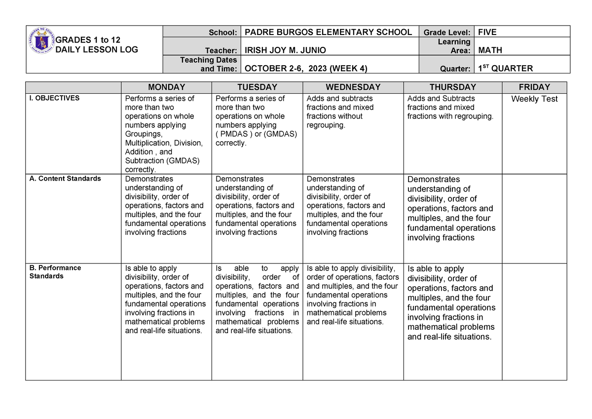 DLL MATH-5 Q1 W4 - LESSON PLAN - GRADES 1 To 12 DAILY LESSON LOG School ...