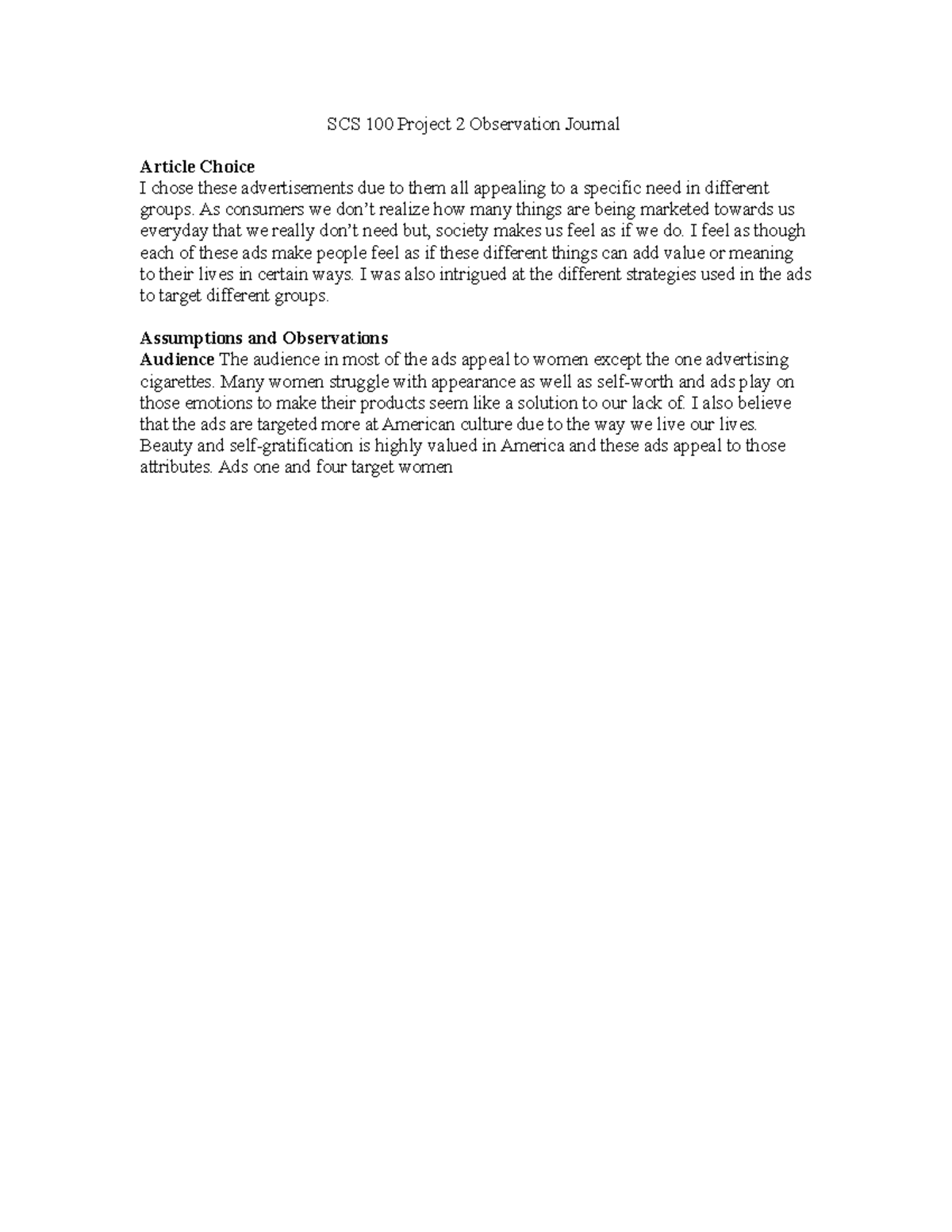 SCS 100 Project 2 Observation Journal - SCS 100 Project 2 Observation ...